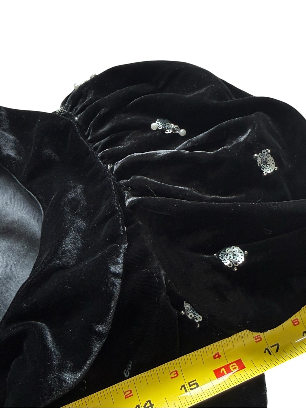 Anthropologie Maeve Black Velvet Mini Dress 2 Sequin Pearl Puff Sleeve Party - Picture 8 of 14